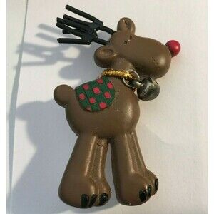 Vintage Resin Reindeer Brooch Brown Christmas Xmas Pin Pendant W/Jingle Bell